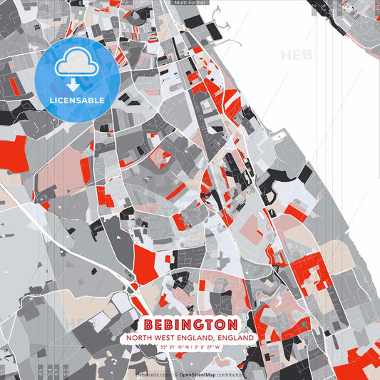 Bebington, North West England, England - modern street map poster template with gray and red tones