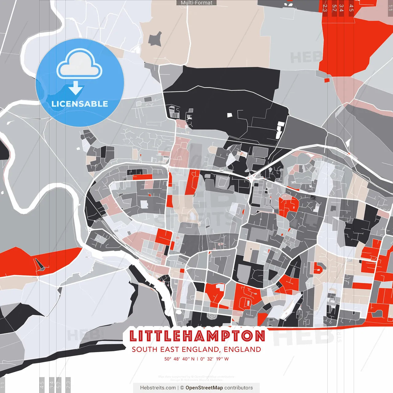Littlehampton, South East England, England - modern street map poster template with gray and red tones
