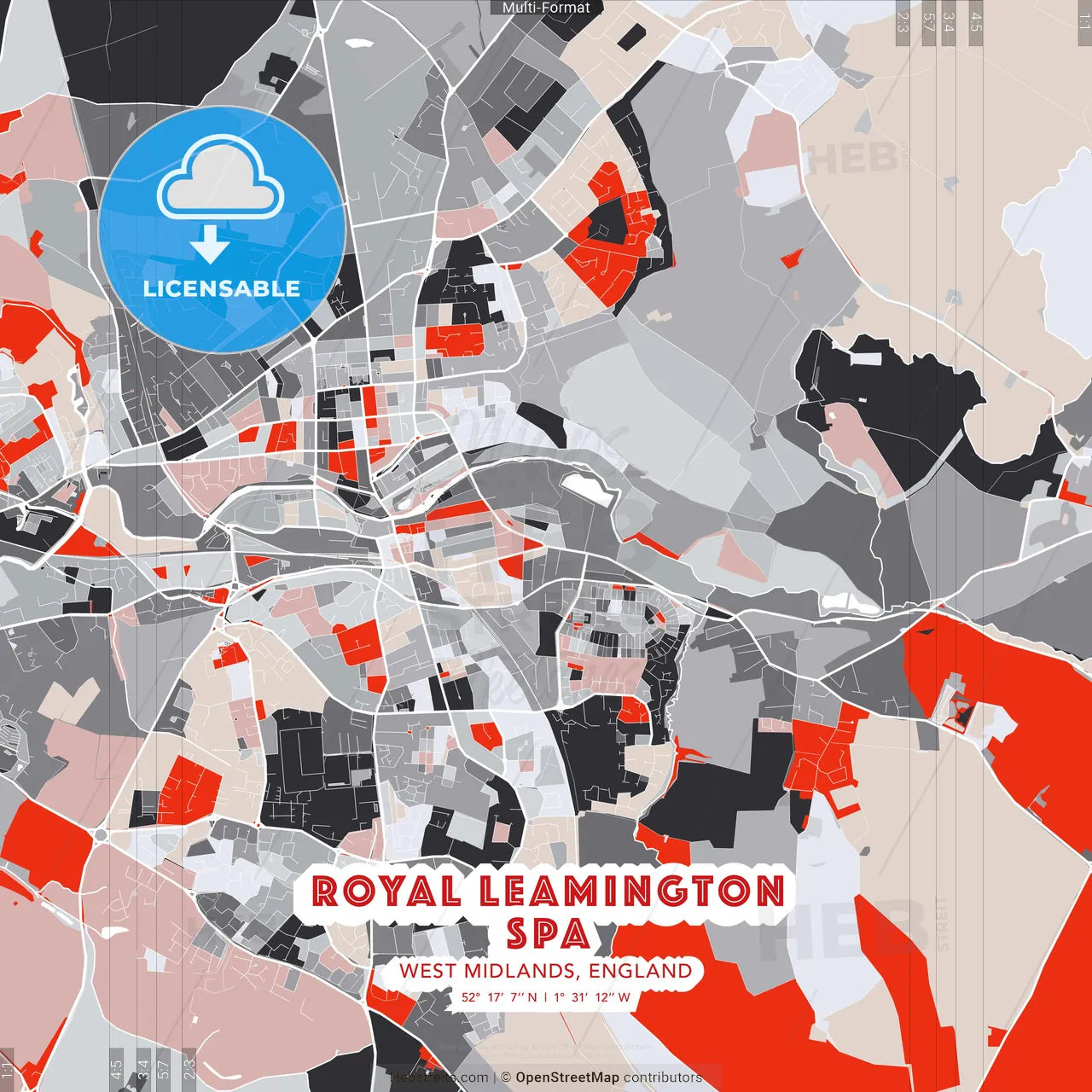 Royal Leamington Spa, West Midlands, England - modern street map poster template with gray and red tones