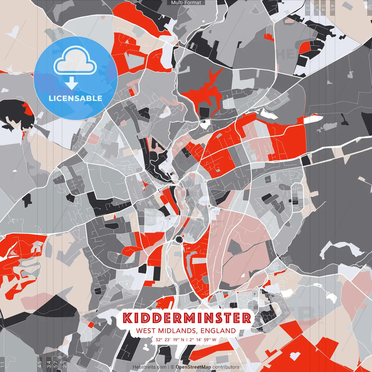 Kidderminster, West Midlands, England - modern street map poster template with gray and red tones