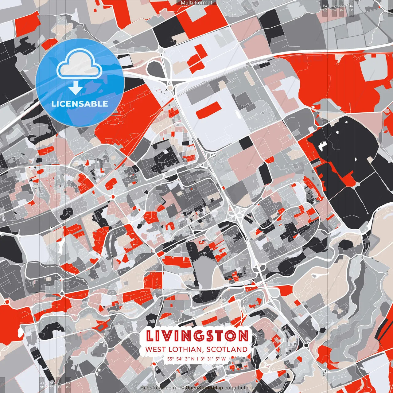 Livingston, West Lothian, Scotland - modern street map poster template with gray and red tones