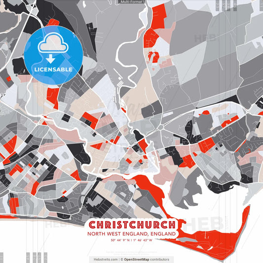 Christchurch, North West England, England - modern street map poster template with gray and red tones