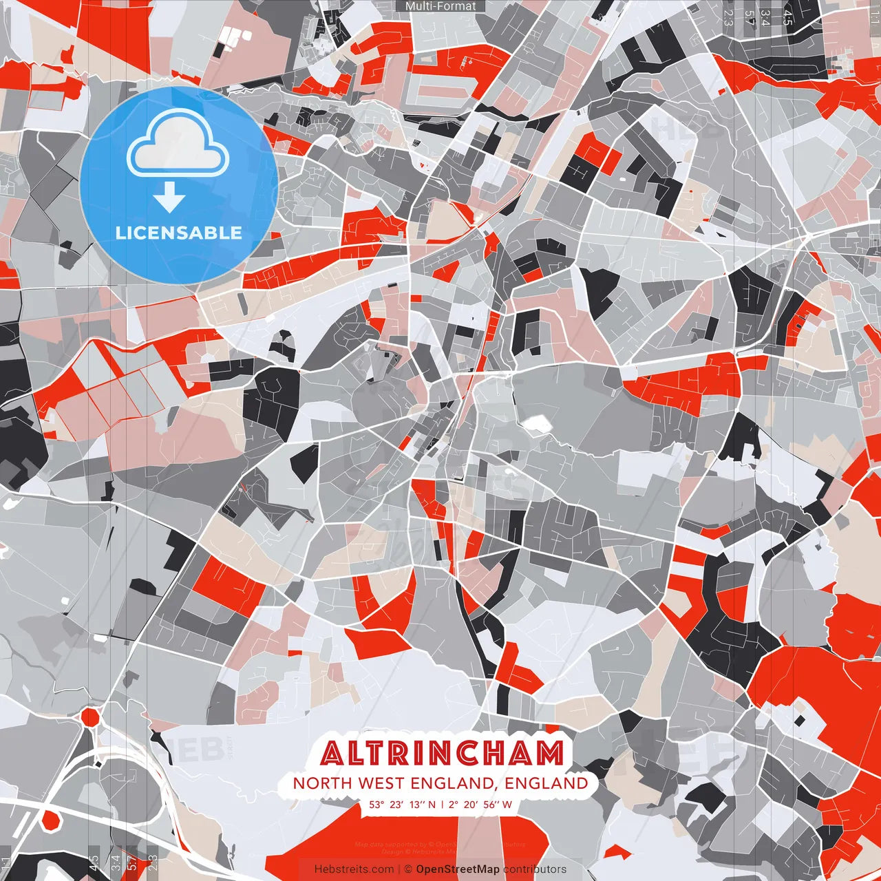 Altrincham, North West England, England - modern street map poster template with gray and red tones