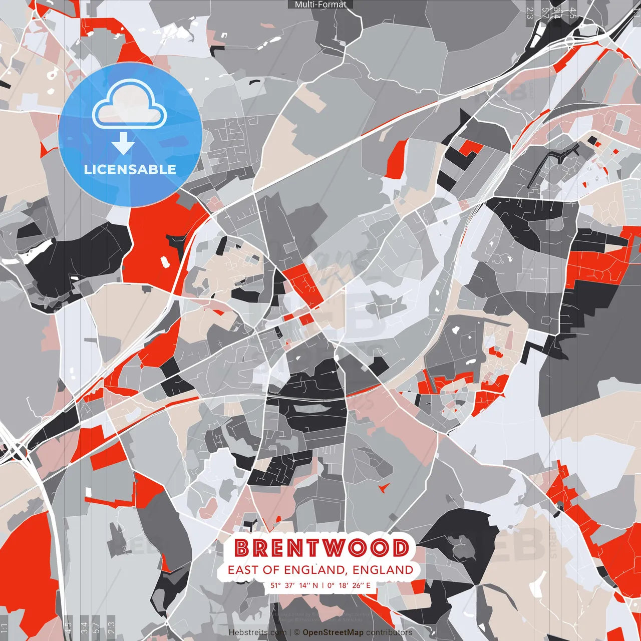 Brentwood, East of England, England - modern street map poster template with gray and red tones
