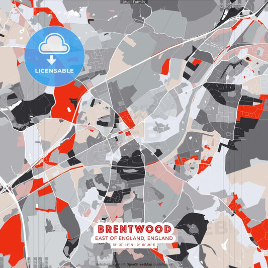 Brentwood, East of England, England - modern street map poster template with gray and red tones