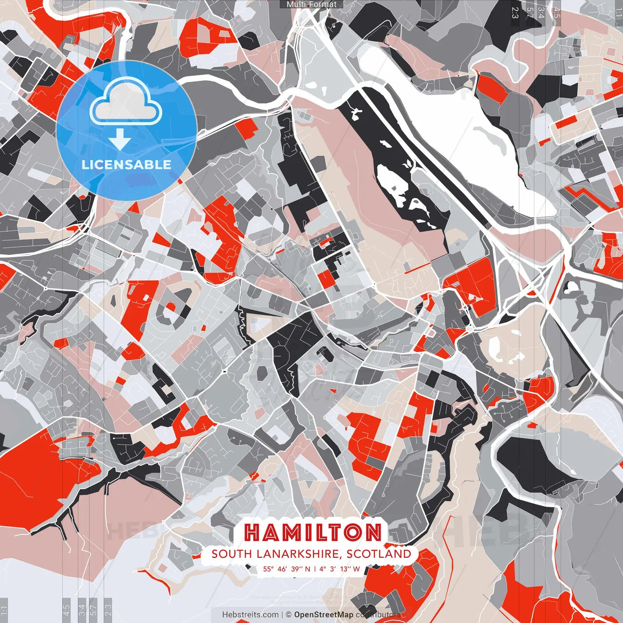 Hamilton, South Lanarkshire, Scotland - modern street map poster template with gray and red tones