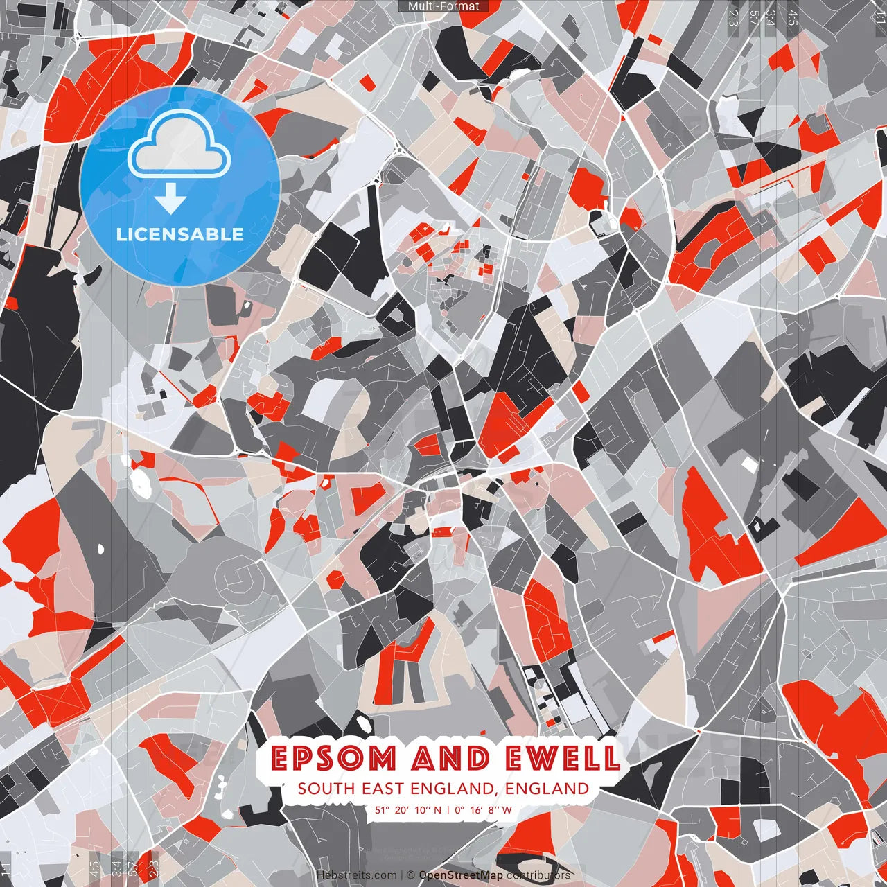 Epsom and Ewell, South East England, England - modern street map poster template with gray and red tones