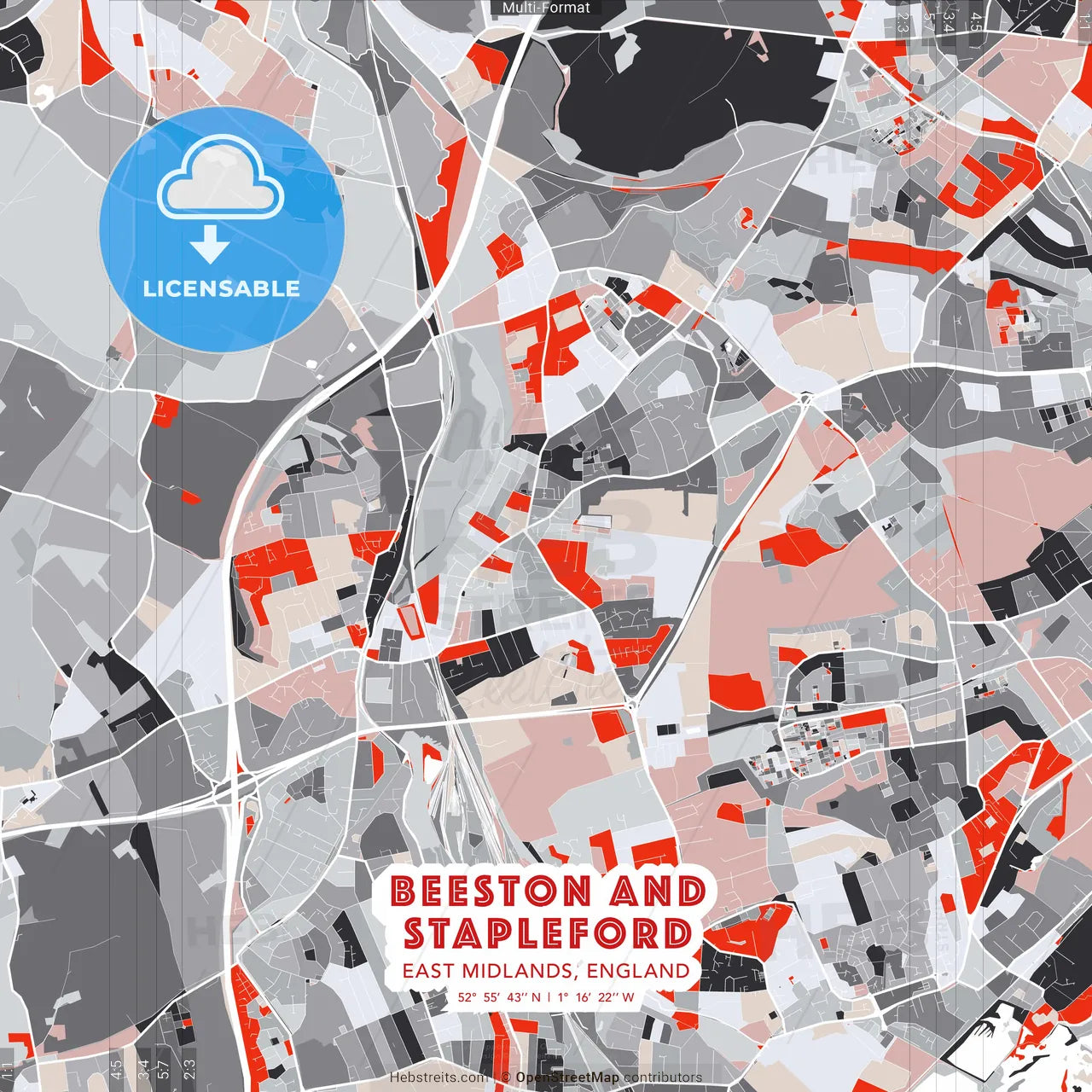 Beeston and Stapleford, East Midlands, England - modern street map poster template with gray and red tones