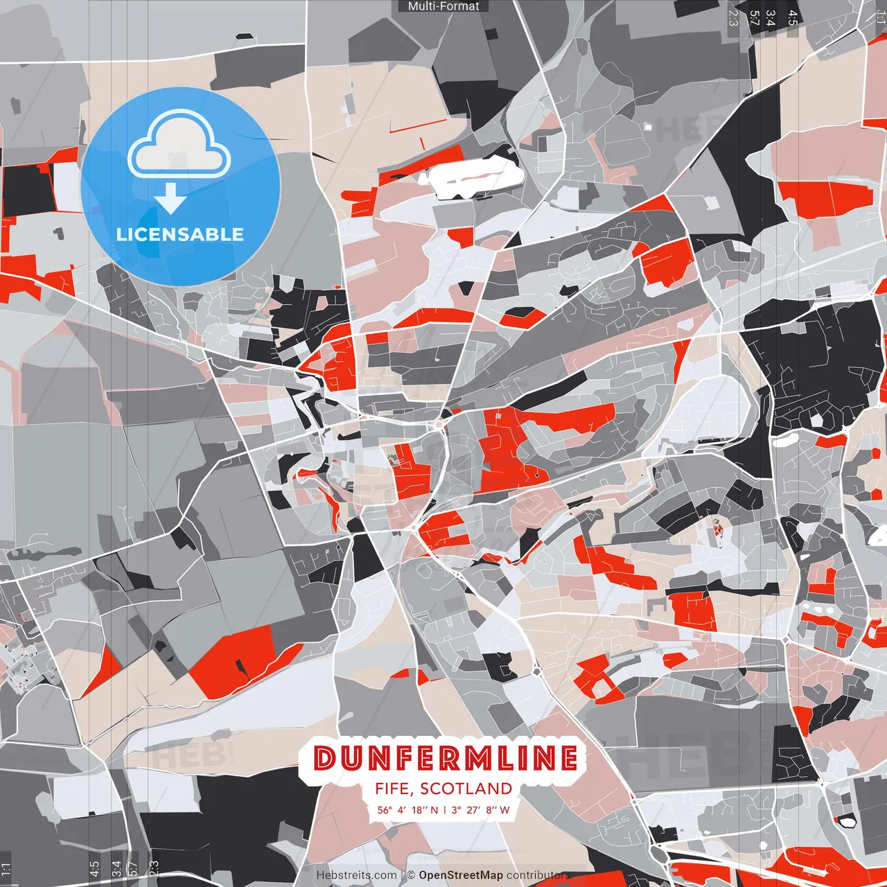 Dunfermline, Fife, Scotland - modern street map poster template with gray and red tones