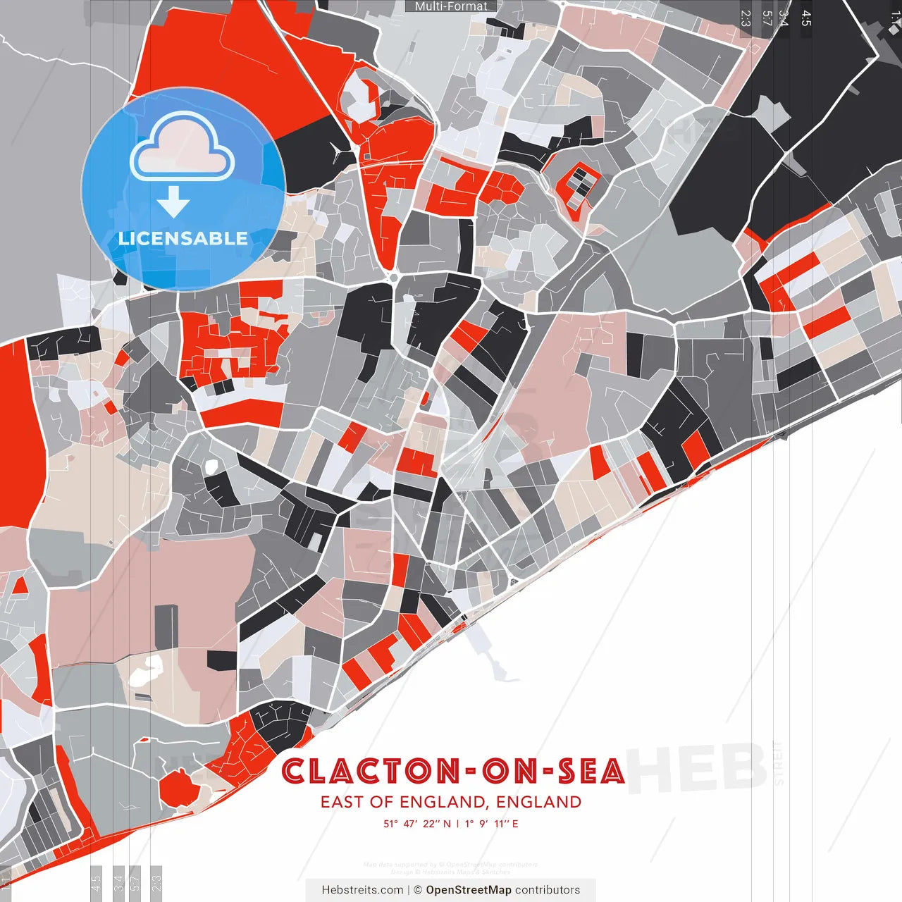 Clacton-on-Sea, East of England, England - modern street map poster template with gray and red tones