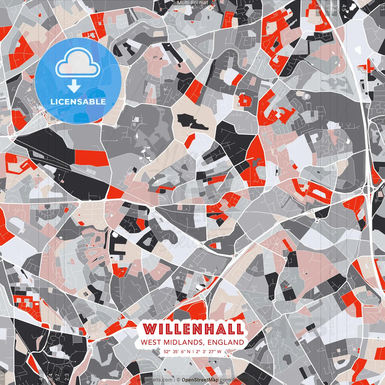 Willenhall, West Midlands, England - modern street map poster template with gray and red tones