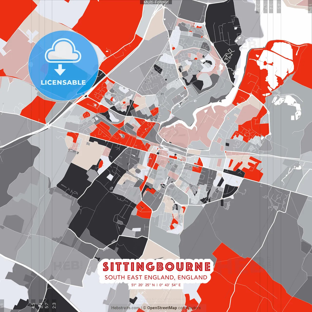 Sittingbourne, South East England, England - modern street map poster template with gray and red tones