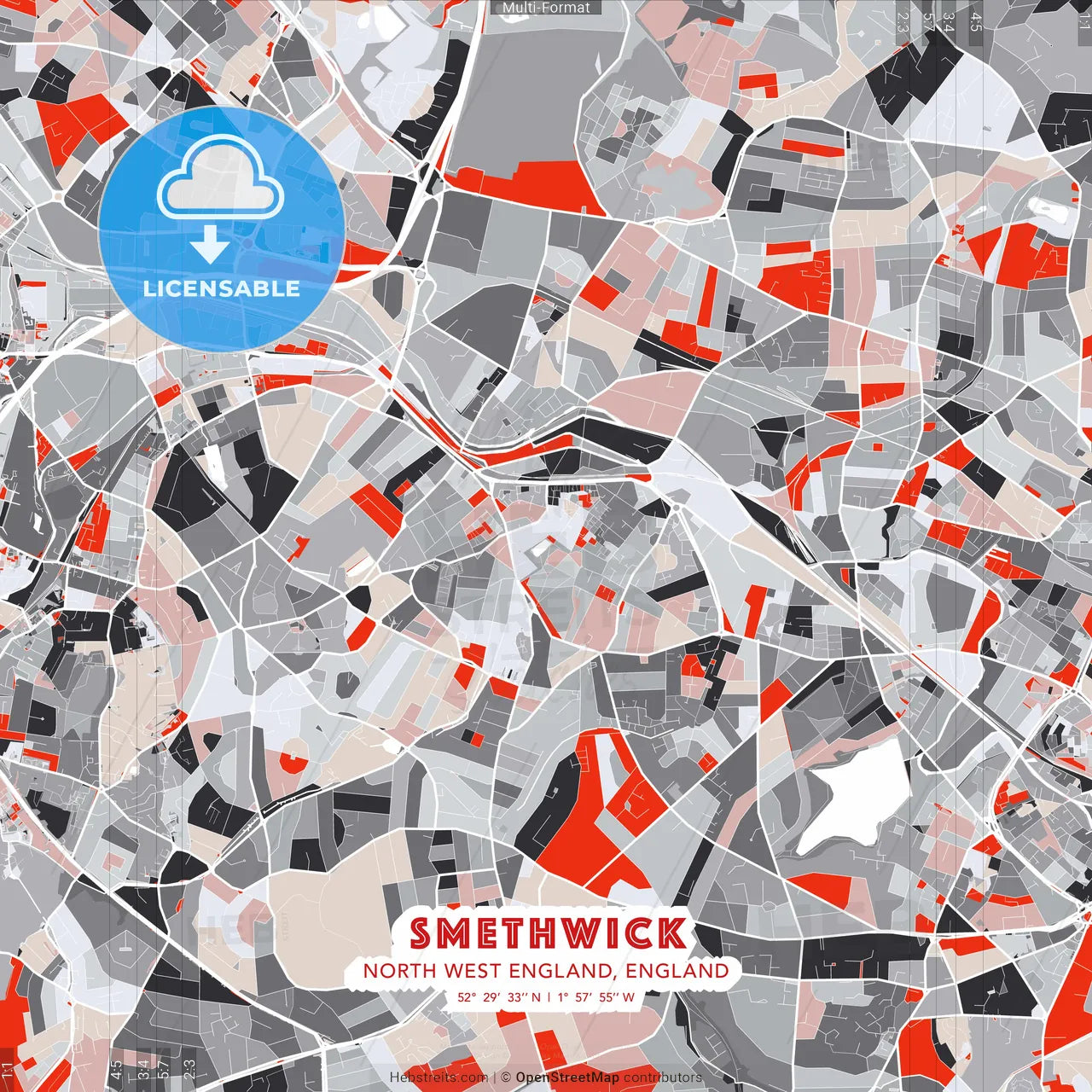 Smethwick, North West England, England - modern street map poster template with gray and red tones