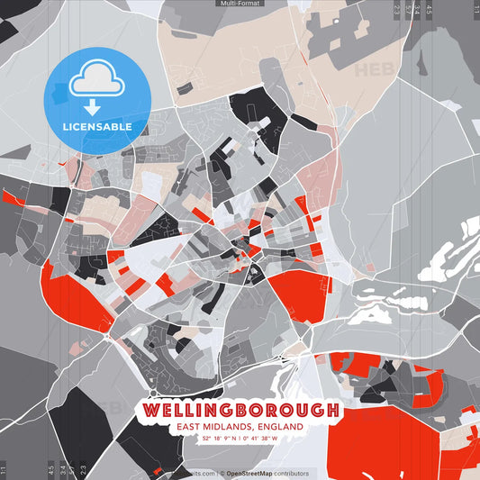 Wellingborough, East Midlands, England - modern street map poster template with gray and red tones