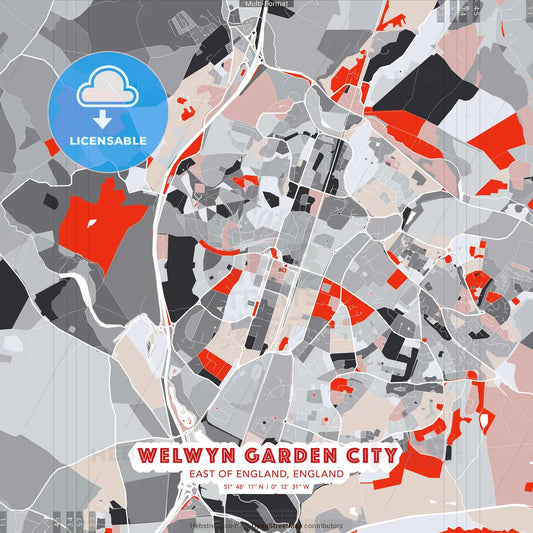 Welwyn Garden City, East of England, England - modern street map poster template with gray and red tones