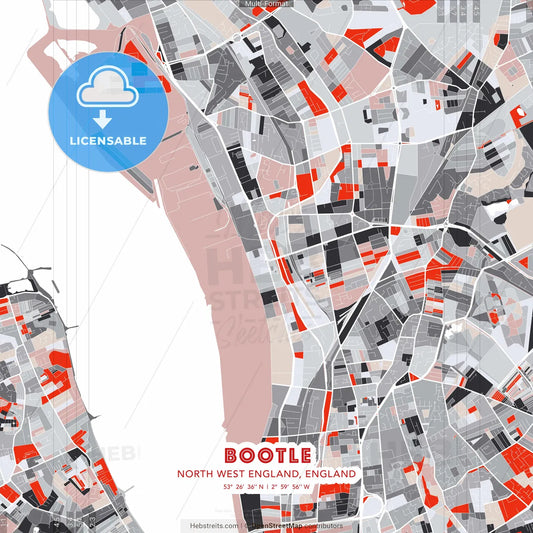 Bootle, North West England, England - modern street map poster template with gray and red tones