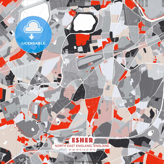 Esher, North East England, England - modern street map poster template with gray and red tones