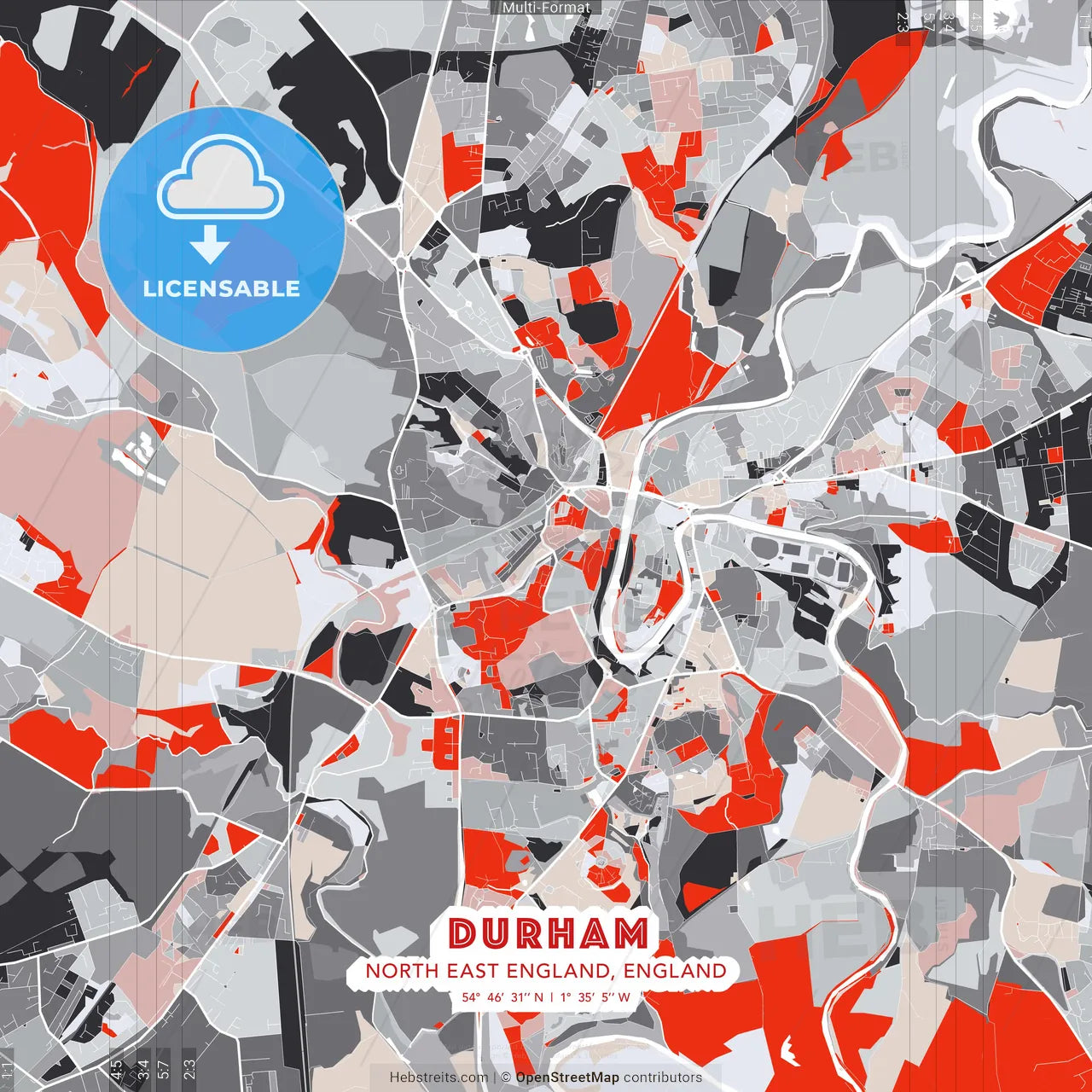 Durham, North East England, England - modern street map poster template with gray and red tones