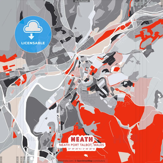 Neath, Neath Port Talbot, Wales - modern street map poster template with gray and red tones