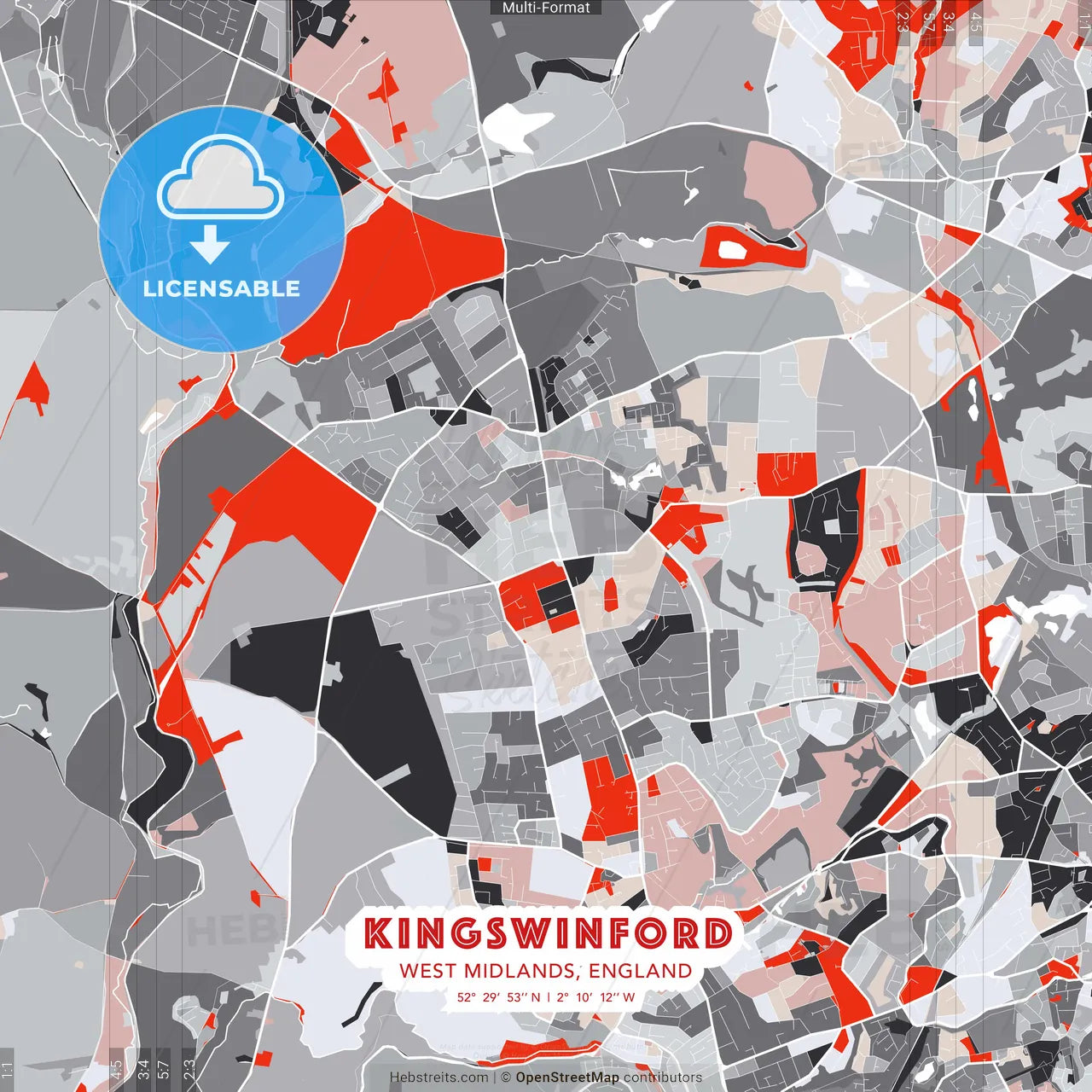 Kingswinford, West Midlands, England - modern street map poster template with gray and red tones