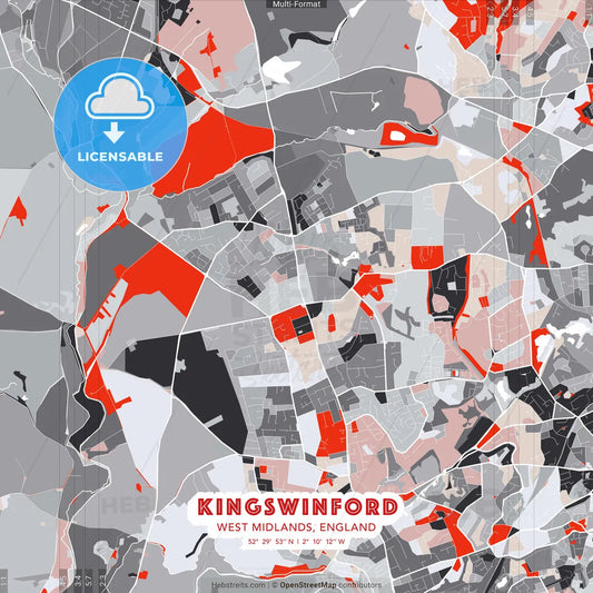 Kingswinford, West Midlands, England - modern street map poster template with gray and red tones