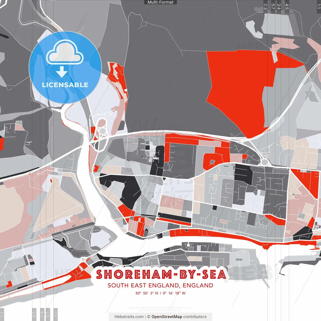 Shoreham-by-Sea, South East England, England - modern street map poster template with gray and red tones