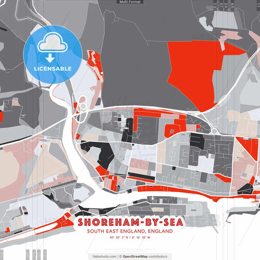 Shoreham-by-Sea, South East England, England - modern street map poster template with gray and red tones