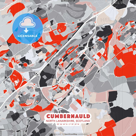 Cumbernauld, North Lanarkshire, Scotland - modern street map poster template with gray and red tones