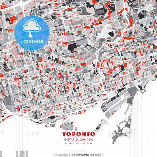 Toronto, Ontario, Canada - modern street map poster template with gray and red tones