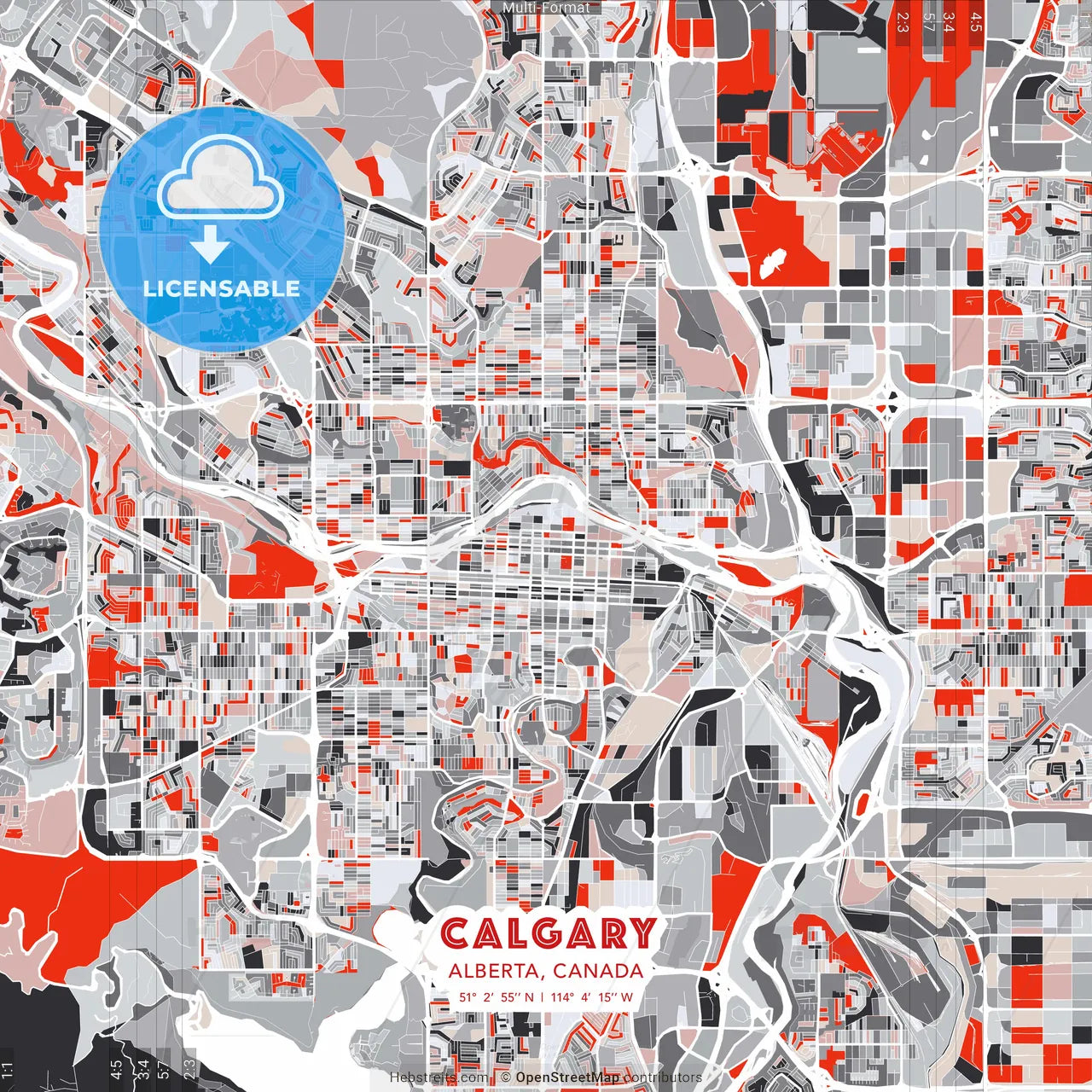 Calgary, Alberta, Canada - modern street map poster template with gray and red tones