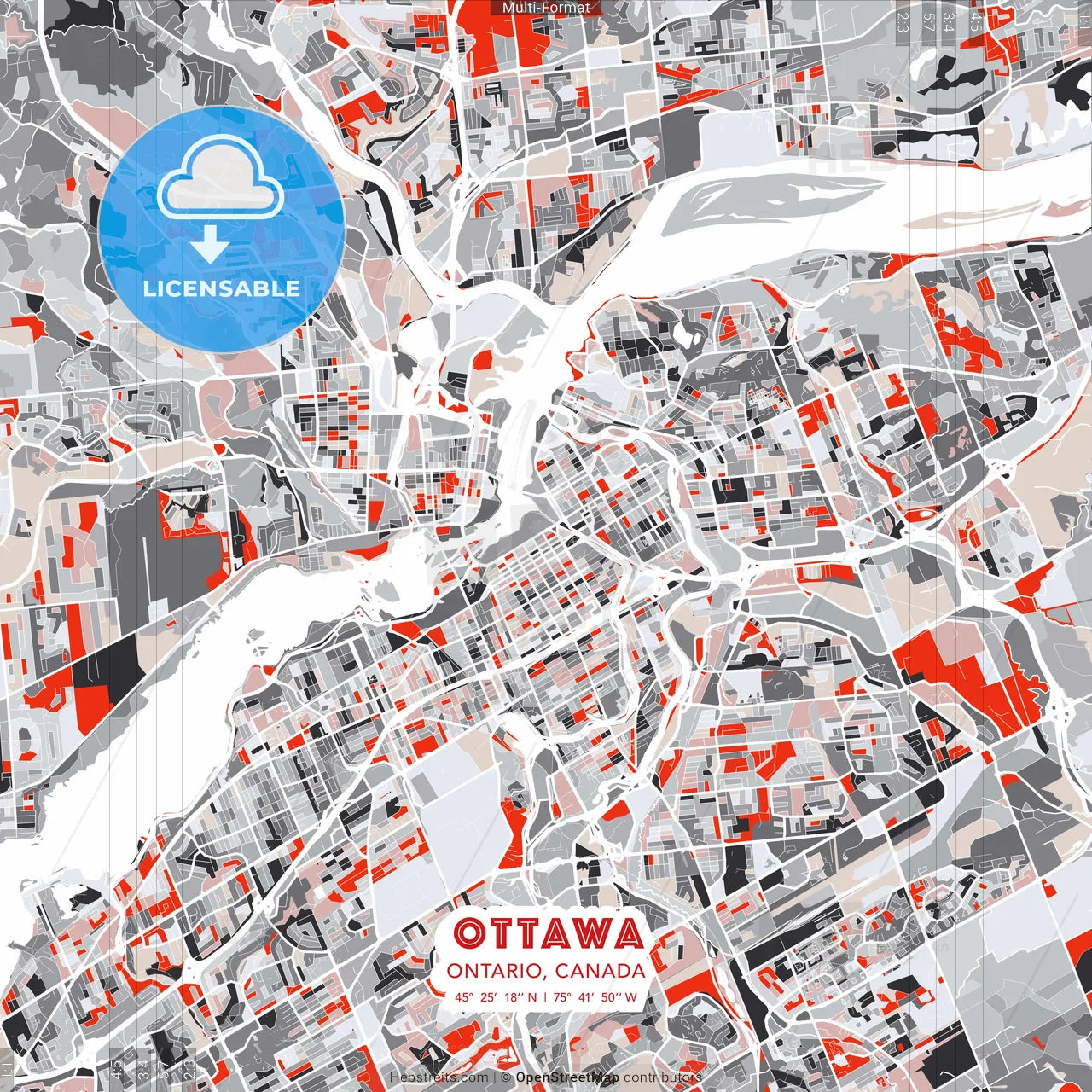 Ottawa, Ontario, Canada - modern street map poster template with gray and red tones
