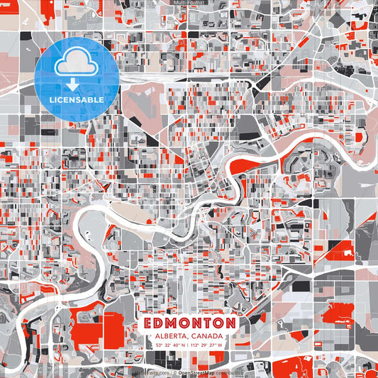 Edmonton, Alberta, Canada - modern street map poster template with gray and red tones