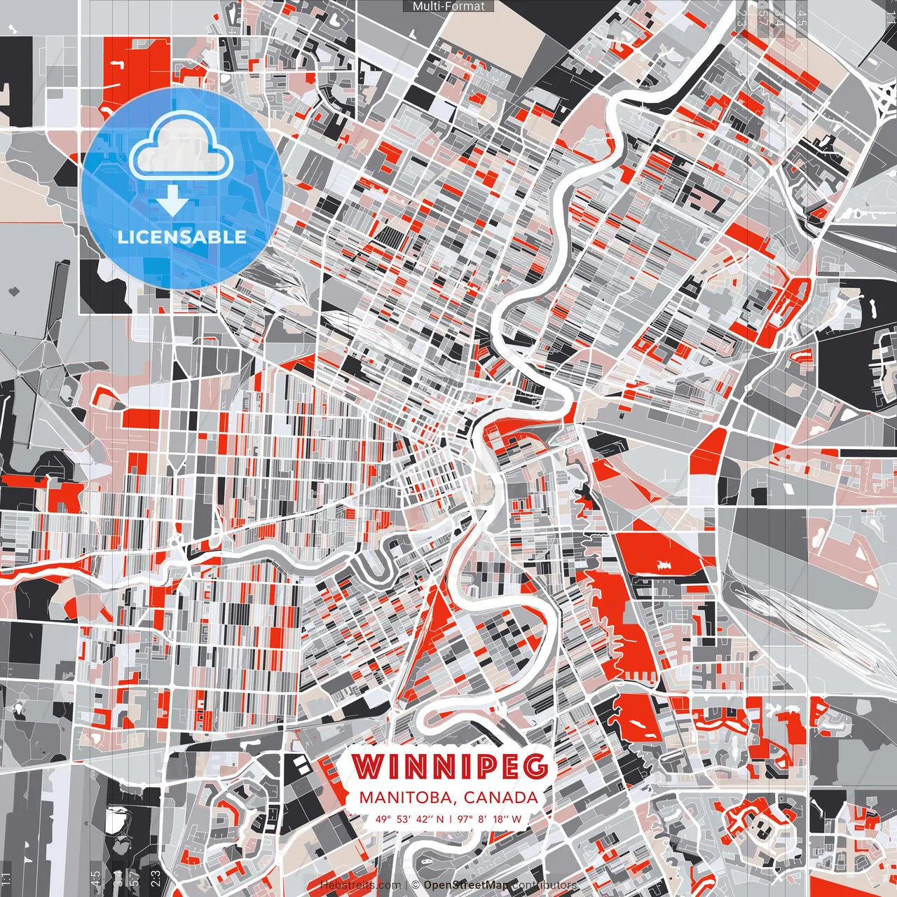 Winnipeg, Manitoba, Canada - modern street map poster template with gray and red tones