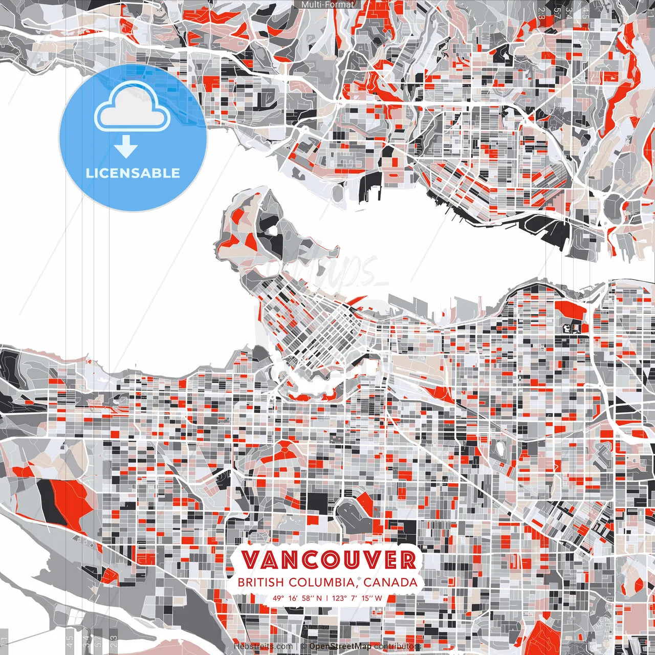 Vancouver, British Columbia, Canada - modern street map poster template with gray and red tones
