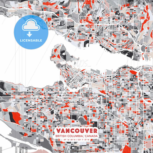 Vancouver, British Columbia, Canada - modern street map poster template with gray and red tones