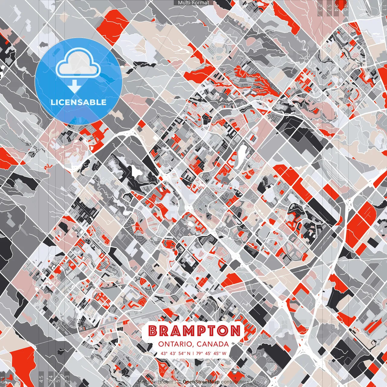 Brampton, Ontario, Canada - modern street map poster template with gray and red tones