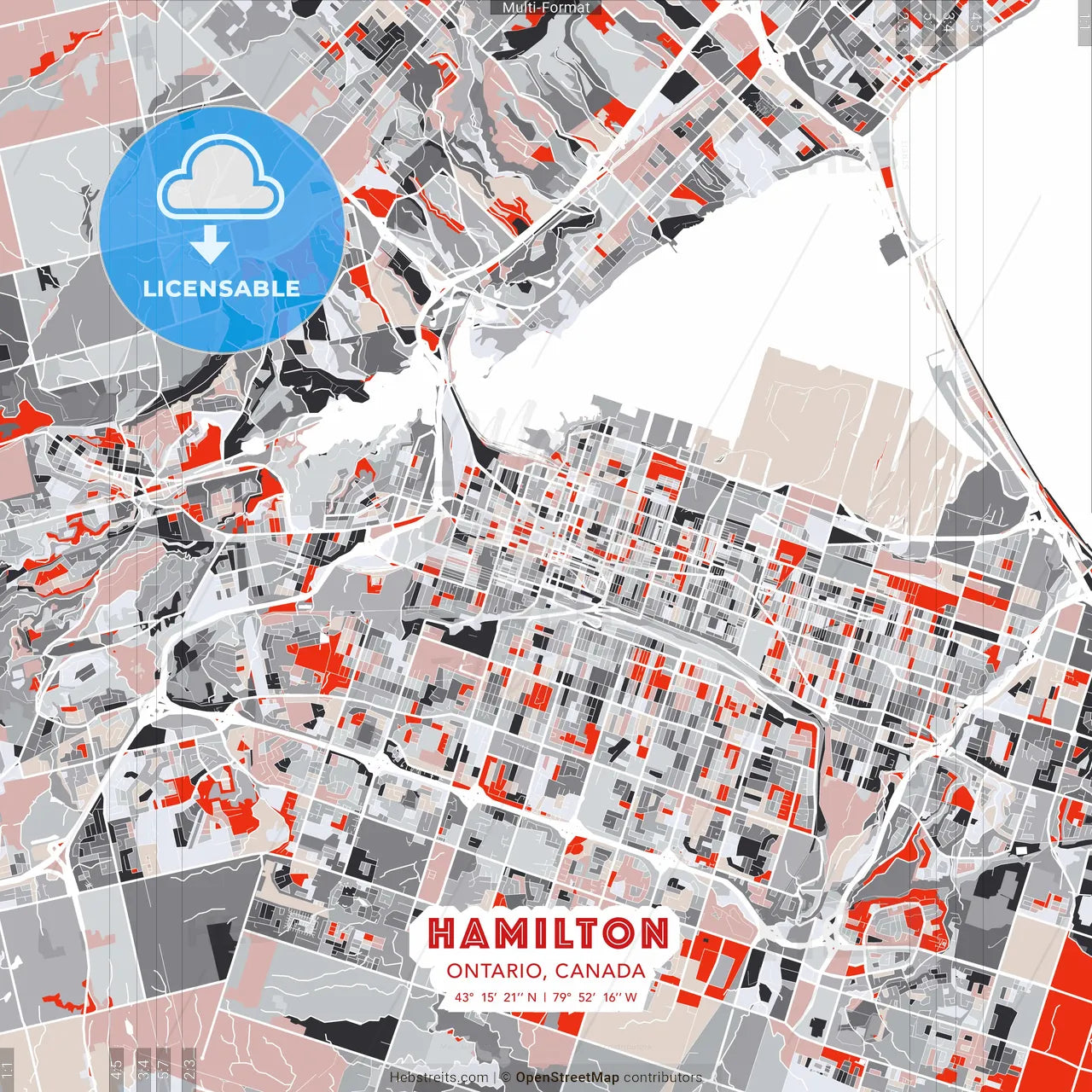 Hamilton, Ontario, Canada - modern street map poster template with gray and red tones