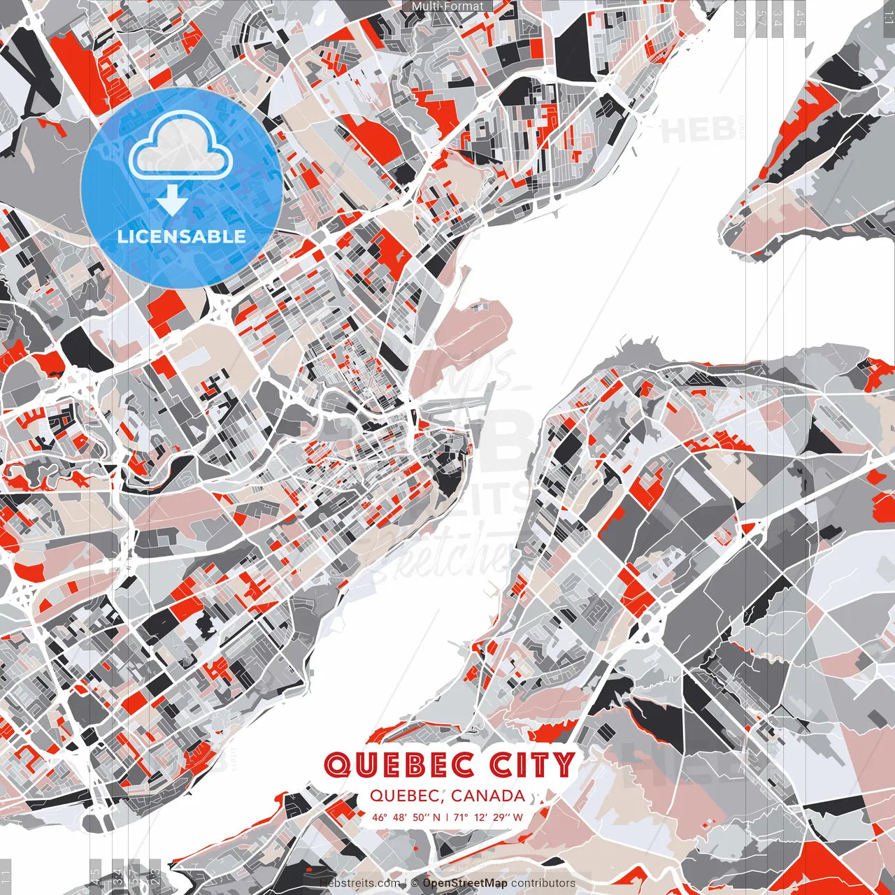 Quebec City, Quebec, Canada - modern street map poster template with gray and red tones