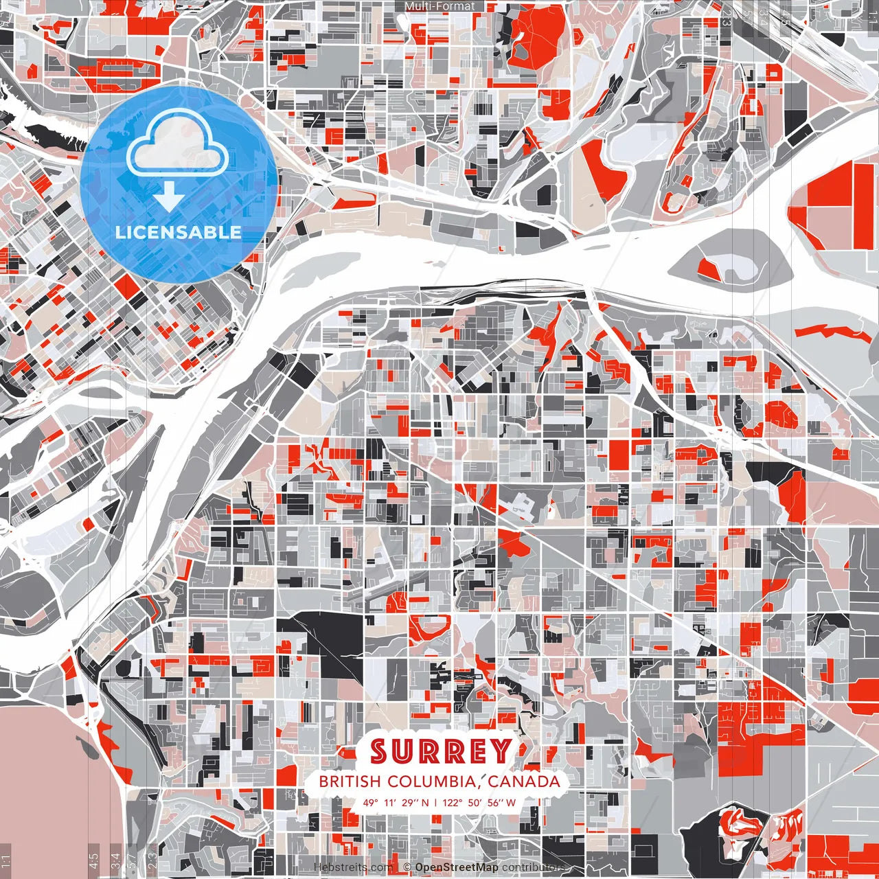 Surrey, British Columbia, Canada - modern street map poster template with gray and red tones