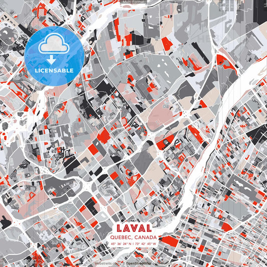 Laval, Quebec, Canada - modern street map poster template with gray and red tones