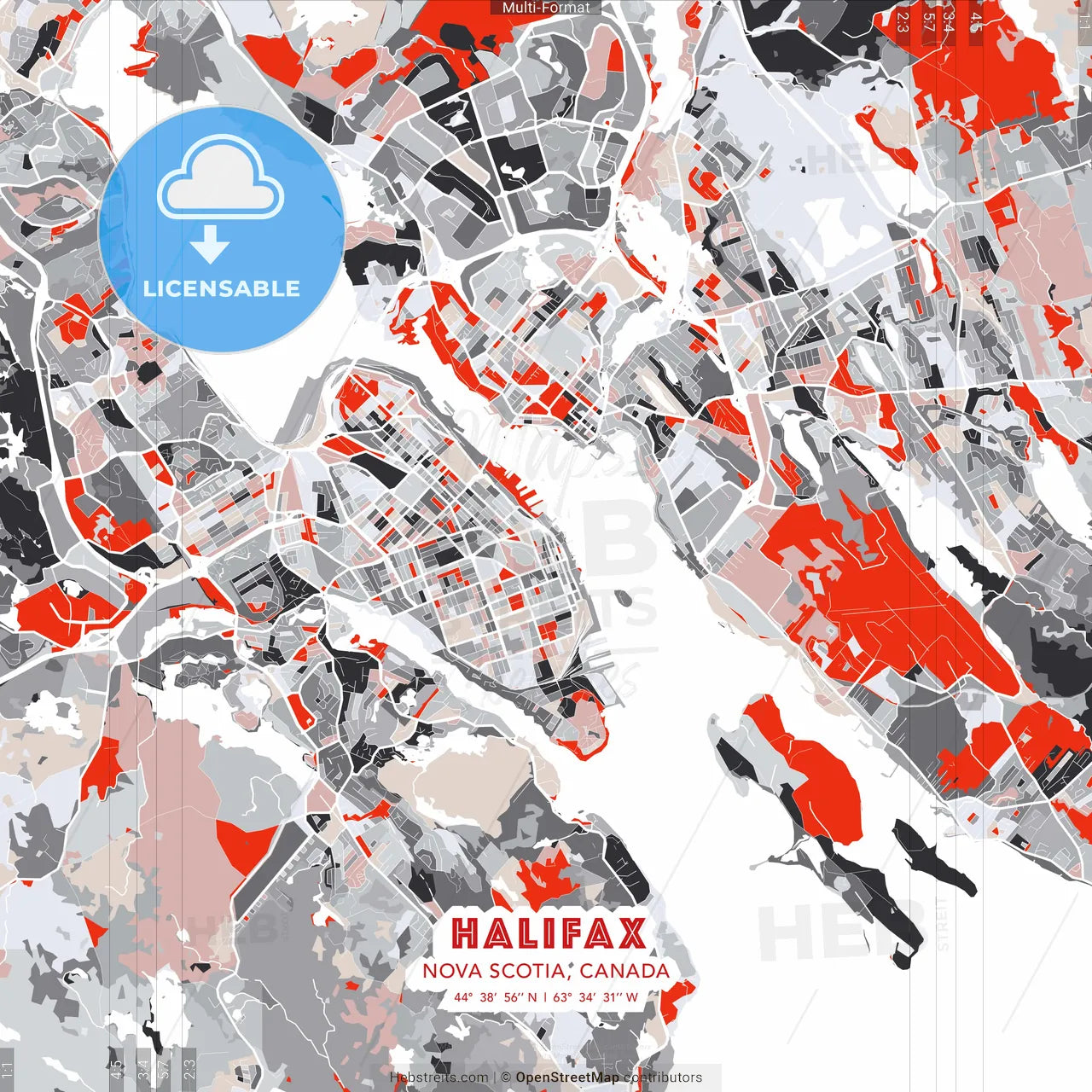 Halifax, Nova Scotia, Canada - modern street map poster template with gray and red tones