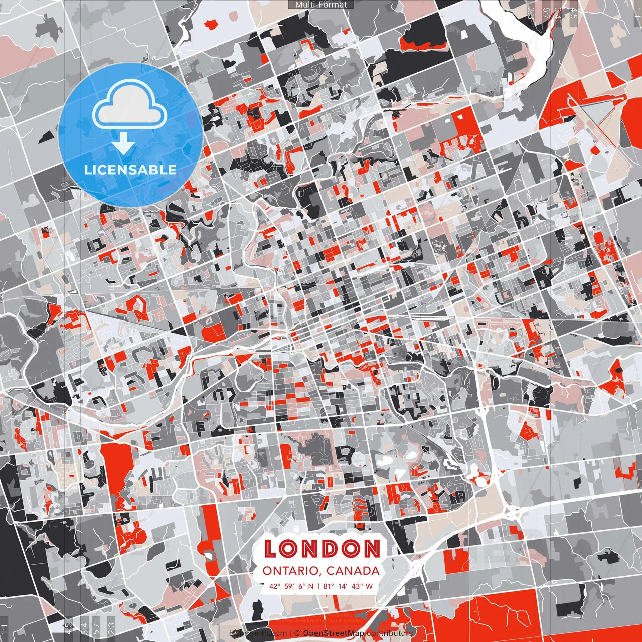 London, Ontario, Canada - modern street map poster template with gray and red tones