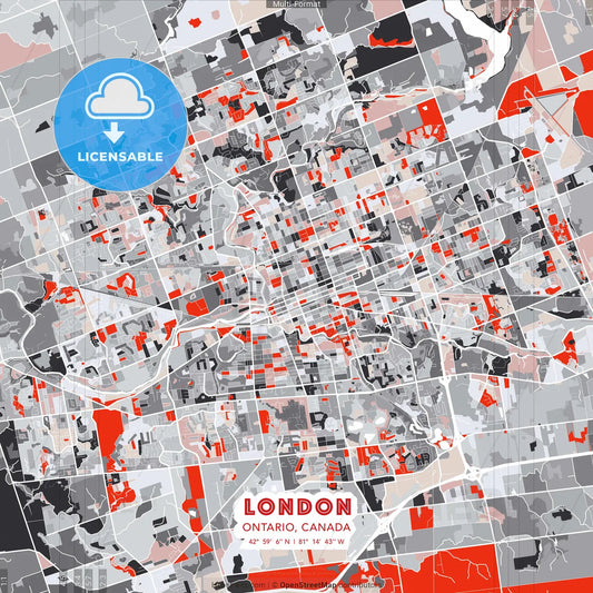 London, Ontario, Canada - modern street map poster template with gray and red tones