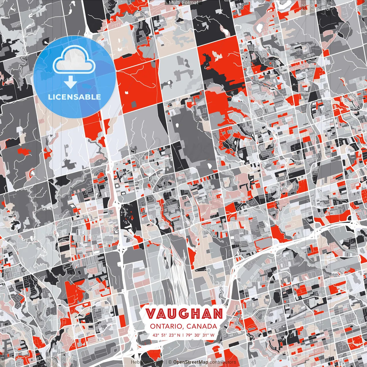 Vaughan, Ontario, Canada - modern street map poster template with gray and red tones