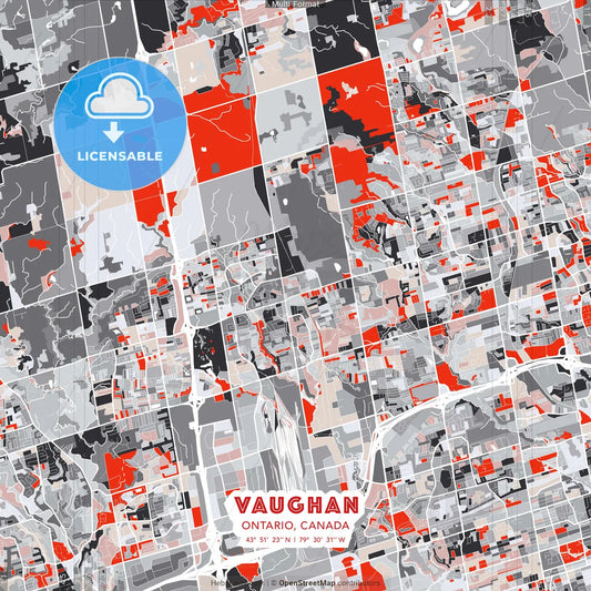 Vaughan, Ontario, Canada - modern street map poster template with gray and red tones