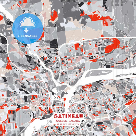 Gatineau, Quebec, Canada - modern street map poster template with gray and red tones