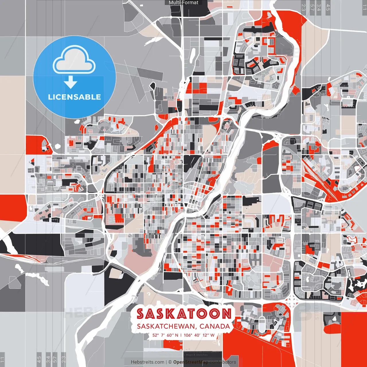 Saskatoon, Saskatchewan, Canada - modern street map poster template with gray and red tones
