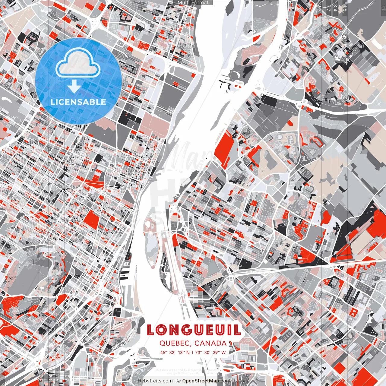Longueuil, Quebec, Canada - modern street map poster template with gray and red tones