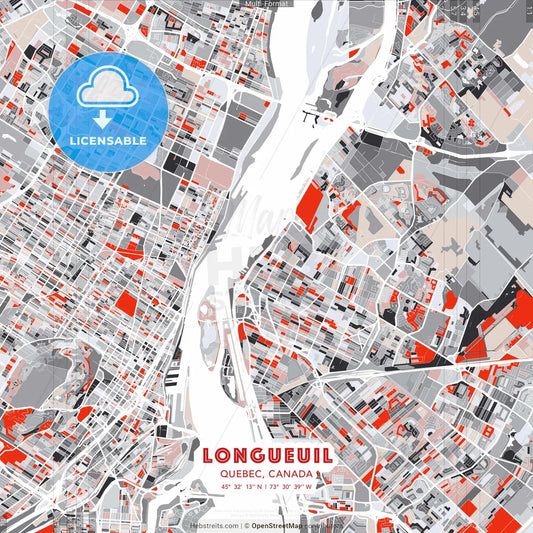 Longueuil, Quebec, Canada - modern street map poster template with gray and red tones
