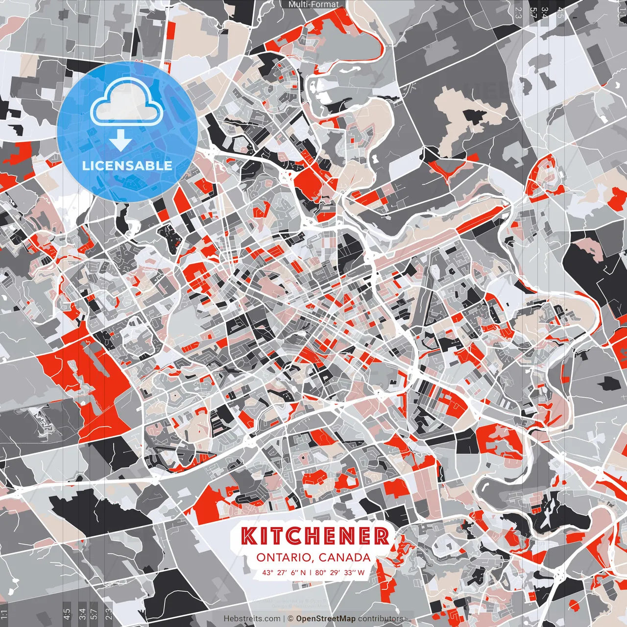 Kitchener, Ontario, Canada - modern street map poster template with gray and red tones